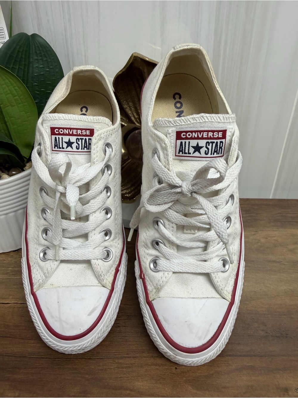 Converse Kids White Canvas Low Top Sneakers with Red Trim
